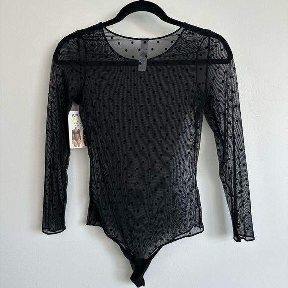 Spanx Long Sleeve Top Mesh Polka Dot Sheer Bodysuit | Size Large in Black (NWT) - Picture 5 of 10